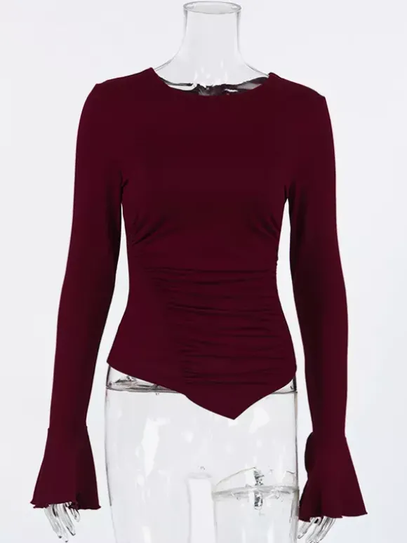 Top femme à manches longues froncées sur les côtés - Coupe ajustée et élégante avec poignets évasés - Style streetwear printemps 2026