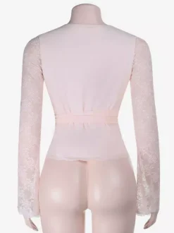 Top cache-c艙ur rose pâle pour femme - Chemisier à manches en dentelle transparente pour une soirée romantique - Haut romantique et sexy à décolleté plongeant style ballerine collection printemps 2026