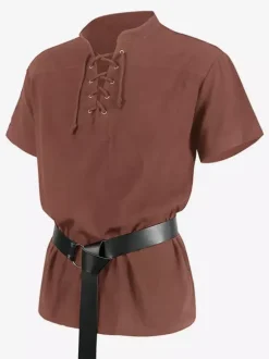 Top Noir Vintage Haut Rétro À Lacets Manches Courtes Polyester Fibre Chemise Rétro Costumes Pour Homme