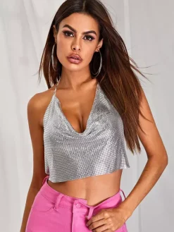 Tops Sexy en Paillettes Taille Haute Femmes avec Bretelles à Lacets à Col Décolleté en V avec Dos Nu Unicolore