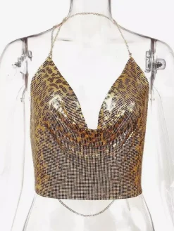 Tops Sexy en Paillettes Taille Haute Femmes avec Bretelles à Lacets à Col Décolleté en V avec Dos Nu Unicolore
