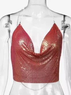 Tops Sexy en Paillettes Taille Haute Femmes avec Bretelles à Lacets à Col Décolleté en V avec Dos Nu Unicolore