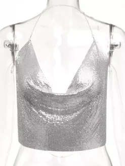 Tops Sexy en Paillettes Taille Haute Femmes avec Bretelles à Lacets à Col Décolleté en V avec Dos Nu Unicolore