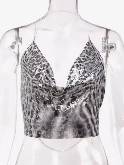 Tops Sexy en Paillettes Taille Haute Femmes avec Bretelles à Lacets à Col Décolleté en V avec Dos Nu Unicolore