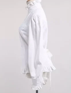 Toussaint Cospaly Costume Lolita blanc Blouse manches longues col haut volants en coton avec dentelle Déguisements Halloween