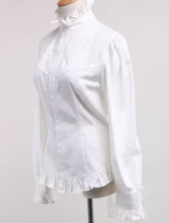 Toussaint Cospaly Costume Lolita blanc Blouse manches longues col haut volants en coton avec dentelle Déguisements Halloween