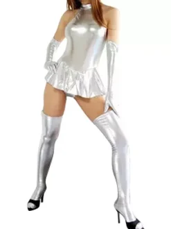 Toussaint Cosplay Costume de 3 pièces de mini robe collante sexy blanche brillante Déguisements Halloween