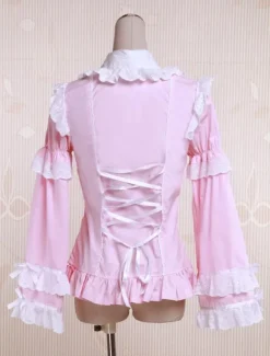 Toussaint Cosplay Lolita Blouse rose manches longues en coton volants blanc Bow Trim Déguisements Halloween