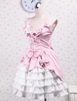 Toussaint Cosplay Lolita Jupe rose blanche douce encoton Lace Up volants couches arcs Déguisements Halloween