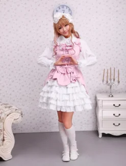 Toussaint Cosplay Lolita Jupe rose blanche douce encoton Lace Up volants couches arcs Déguisements Halloween