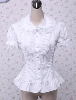 Toussaint Cosplay Lolita Chemisier blanc doux blouse manches courtes Turn-down garniture de dentelle Déguisements Halloween