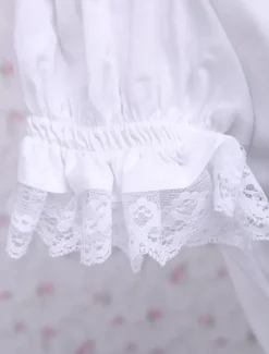 Toussaint Cosplay Lolita Chemisier blanc doux blouse manches courtes Turn-down garniture de dentelle Déguisements Halloween