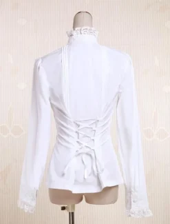 Toussaint Cosplay Lolita Blouse blanche manches longues en coton Stand collier dentelle garniture Lace Up Déguisements Halloween