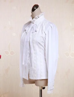 Toussaint Cosplay Lolita Blouse blanche manches longues en coton Stand collier dentelle garniture Lace Up Déguisements Halloween