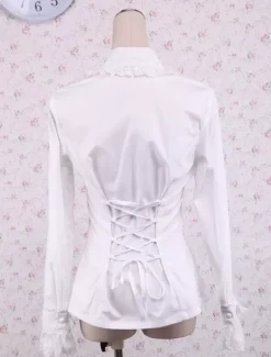 Toussaint Cosplay Lolita Blouse blanche manches longues en coton avec dentelle garniture Turn-down col Black Bow Déguisements Halloween