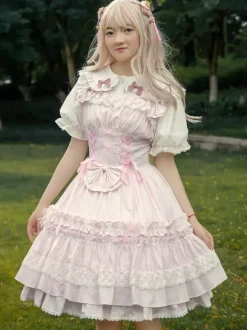 Toussaint Cospaly Costume en coton Lolita Jupe rose clair avec dentelle garniture Lace Up volants Déguisements Halloween