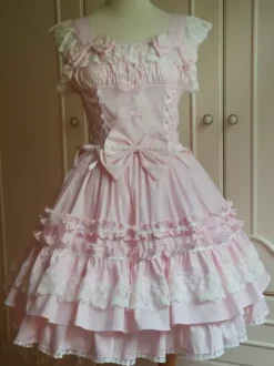 Toussaint Cospaly Costume en coton Lolita Jupe rose clair avec dentelle garniture Lace Up volants Déguisements Halloween
