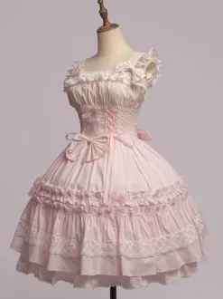 Toussaint Cospaly Costume en coton Lolita Jupe rose clair avec dentelle garniture Lace Up volants Déguisements Halloween
