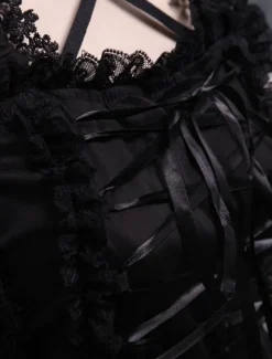 Toussaint Cospaly Costume Lolita Robe noire manches longues lacer Lace Trim boucles Déguisements