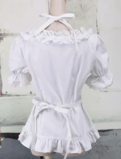 Toussaint Cospaly Costume Lolita blanc Blouse manches courtes encolure bretelles garniture volants en coton avec dentelle Déguisements Halloween