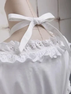 Toussaint Cospaly Costume Lolita blanc Blouse manches courtes encolure bretelles garniture volants en coton avec dentelle Déguisements Halloween