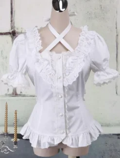 Toussaint Cospaly Costume Lolita blanc Blouse manches courtes encolure bretelles garniture volants en coton avec dentelle Déguisements Halloween