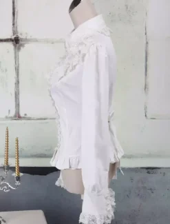 Toussaint Cospaly Costume Lolita blanc Blouse manches longues garniture Turn-down col volants en coton avec dentellegarniture Turn-down col volants Déguisements Halloween