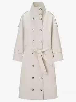 Trench-coat à col cheminée pour femme - Manteau crème croisé à épaules tombantes et ceinture - Vêtements d'extérieur printemps 2026 parfaits pour le bureau et le dîner