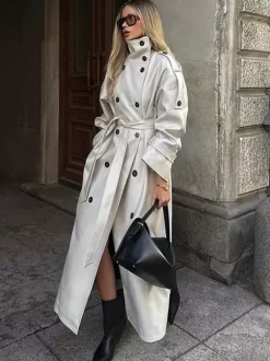 Trench-coat à col cheminée pour femme - Manteau crème croisé à épaules tombantes et ceinture - Vêtements d'extérieur printemps 2026 parfaits pour le bureau et le dîner
