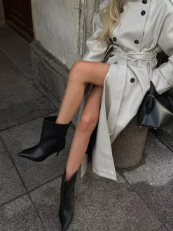 Trench-coat à col cheminée pour femme - Manteau crème croisé à épaules tombantes et ceinture - Vêtements d'extérieur printemps 2026 parfaits pour le bureau et le dîner