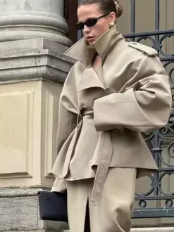 Trench-coat court pour femme - Coupe-vent court kaki chic à ceinture croisée - Vêtements d'extérieur décontractés pour le printemps et le bureau 2026