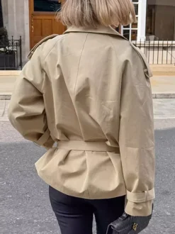 Trench-coat croisé pour femme - Coupe-vent court classique à revers et ceinture - Style streetwear décontracté et oversize printemps 2026