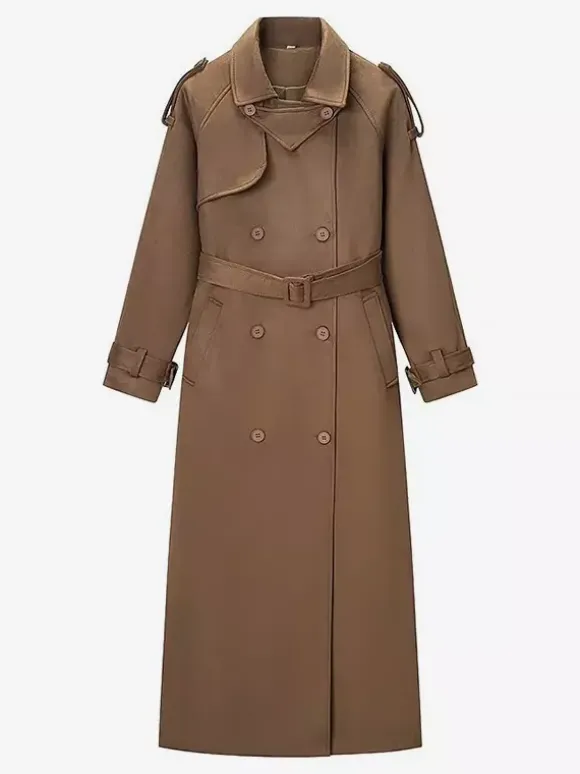 Trench-coat en faux daim pour femme - Veste maxi rétro croisée ceinturée - Style printemps-été 2026