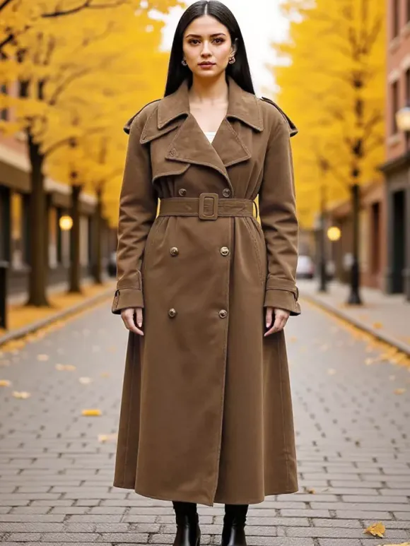 Trench-coat en faux daim pour femme - Veste maxi rétro croisée ceinturée - Style printemps-été 2026