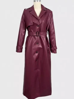 Trench-coat en similicuir pour femme - Veste maxi ceinturée à simple boutonnage - Vêtements d'extérieur chics pour le printemps 2026
