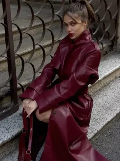 Trench-coat en similicuir pour femme - Veste maxi ceinturée à simple boutonnage - Vêtements d'extérieur chics pour le printemps 2026