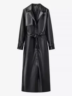 Trench-coat en similicuir pour femme - Veste maxi ceinturée à simple boutonnage - Vêtements d'extérieur chics pour le printemps 2026