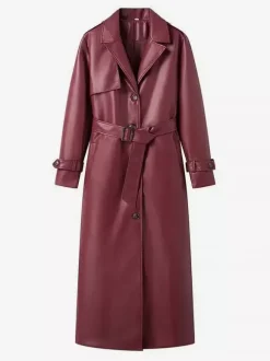 Trench-coat en similicuir pour femme - Veste maxi ceinturée à simple boutonnage - Vêtements d'extérieur chics pour le printemps 2026