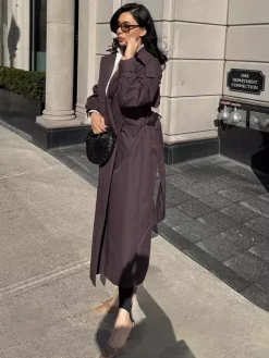 Trench-coat oversize pour femme - Coupe-vent maxi croisé chic marron chocolat - Idéal pour les soirées de printemps 2026