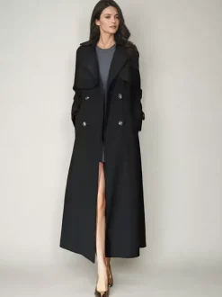 Trench-Coat Veste Longue Femme En Polyester Chic Col Rabattu Boutons Manches Longues Rouge