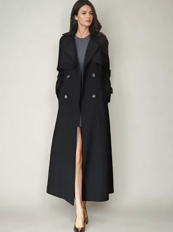 Trench-Coat Veste Longue Femme En Polyester Chic Col Rabattu Boutons Manches Longues Rouge