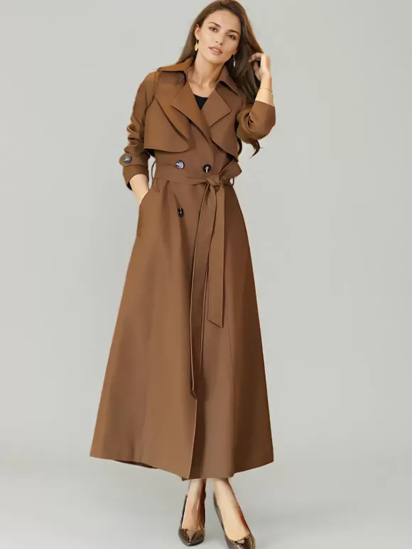 Trench-Coat Veste Longue Femme En Polyester Chic Col Rabattu Boutons Manches Longues Rouge