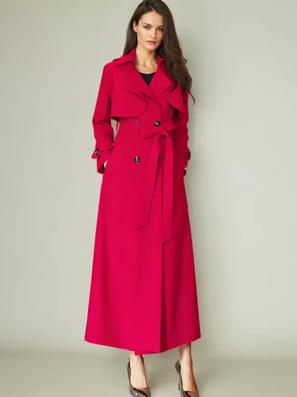 Trench-Coat Veste Longue Femme En Polyester Chic Col Rabattu Boutons Manches Longues Rouge
