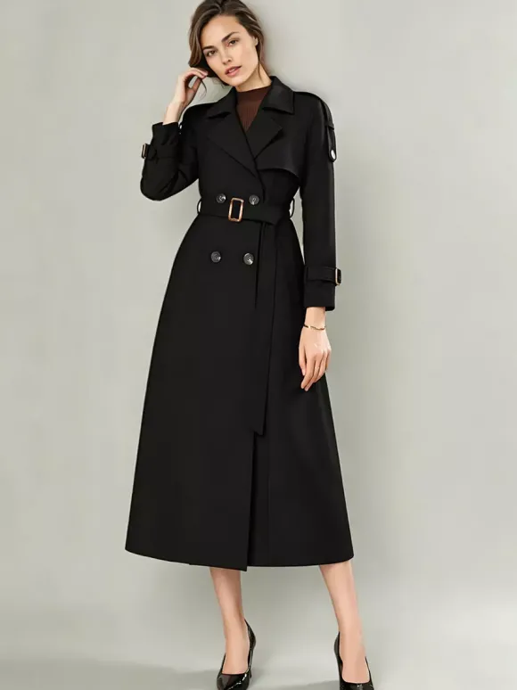 Trench-Coat Veste Longue Femme Moderne Polyester Col Rabattu Boutons Manches Longues