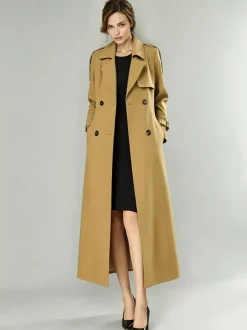 Trench-Coat Veste Longue Femme Moderne Polyester Col Rabattu Boutons Manches Longues