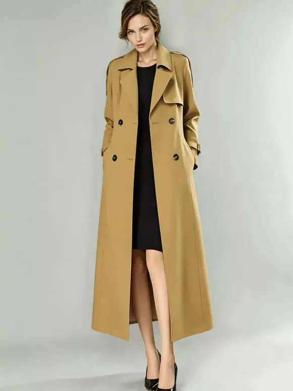 Trench-Coat Veste Longue Femme Moderne Polyester Col Rabattu Boutons Manches Longues