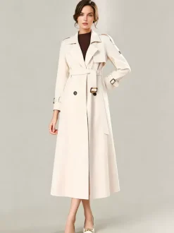 Trench-Coat Veste Longue Femme Moderne Polyester Col Rabattu Boutons Manches Longues