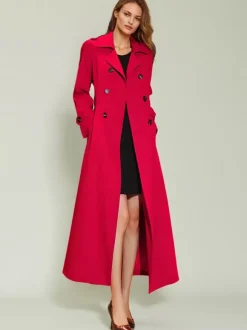 Trench-Coat Veste Longue Femme En Polyester Décontracté Col Rabattu Boutons Manches Longues