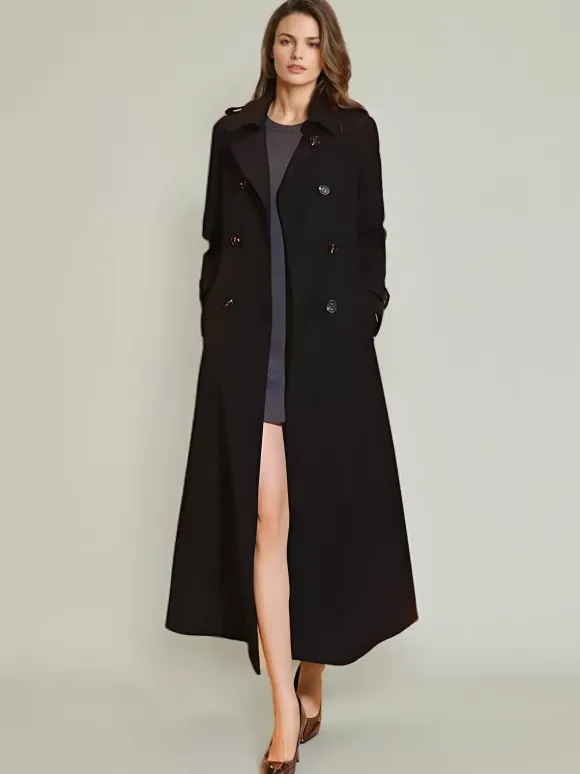 Trench-Coat Veste Longue Femme En Polyester Décontracté Col Rabattu Boutons Manches Longues