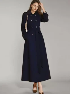 Trench-Coat Veste Longue Femme En Polyester Décontracté Col Rabattu Boutons Manches Longues